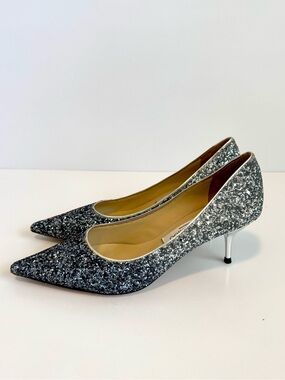 Jimmy Choo Silver Glitter Pointed Toe Kitten Heel Pumps EU 38 US 8 Made in Italy